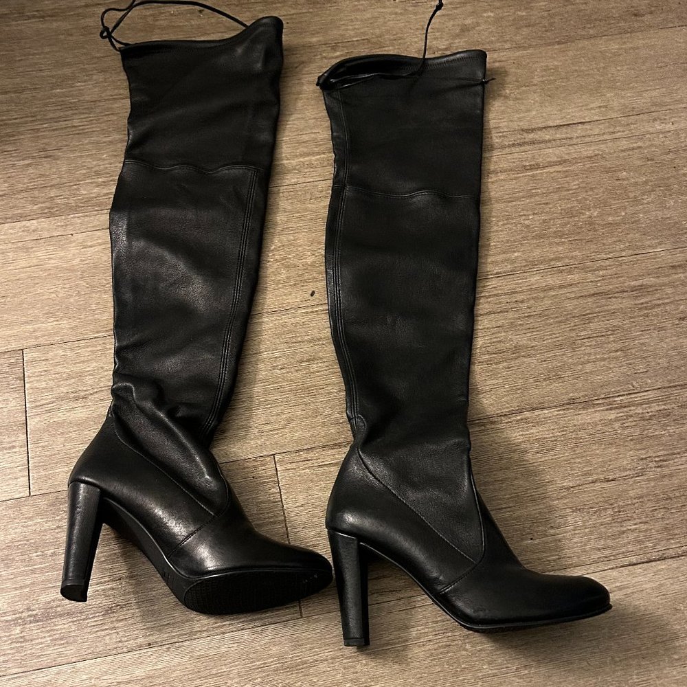 Stuart Weitzman black leather thigh high boots with 4 in heels size 7 medium